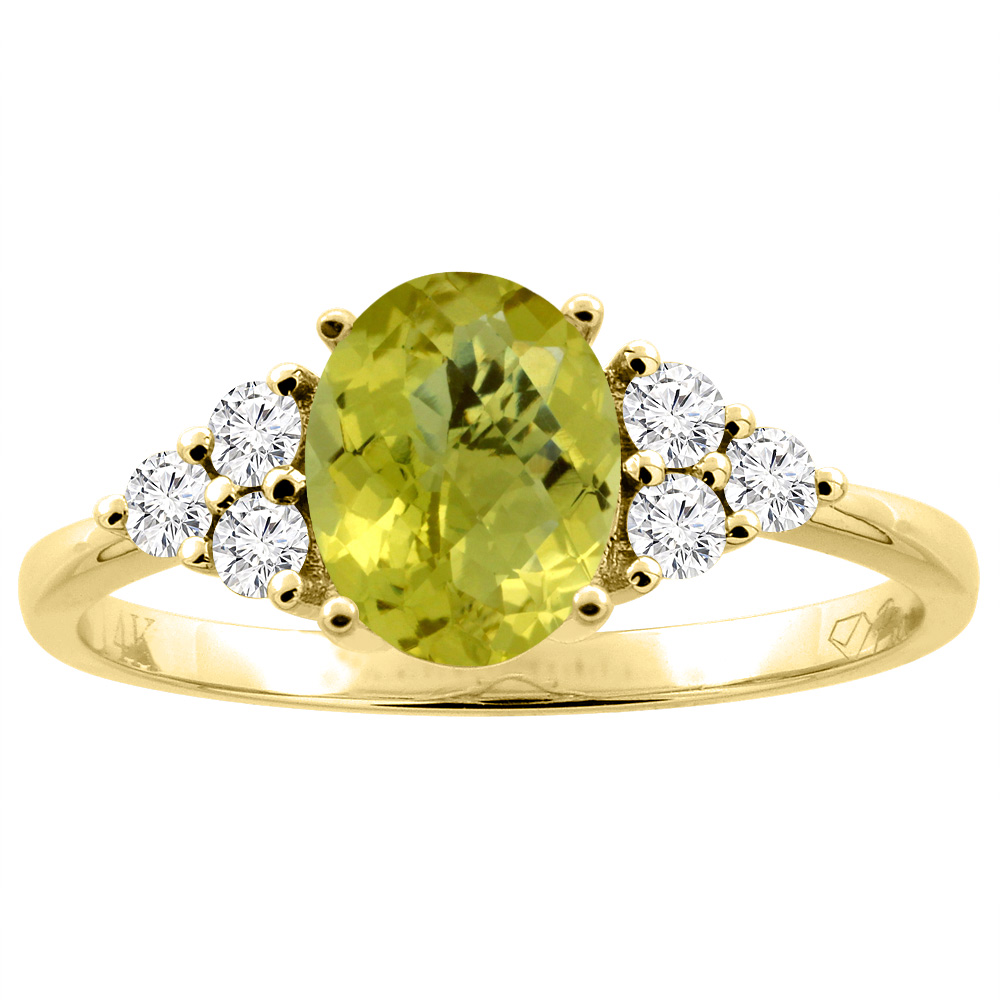 14K Gold Natural Lemon Quartz Ring Oval 8x6 mm Diamond Accents, sizes 5 - 10