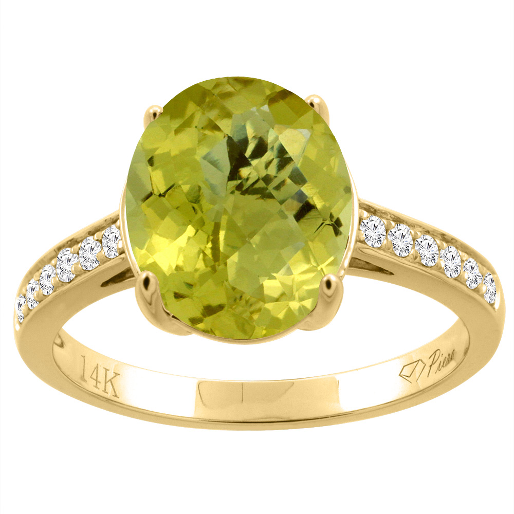 14K Gold Natural Lemon Quartz Ring Oval 11x9 mm Diamond Accents, sizes 5 - 10