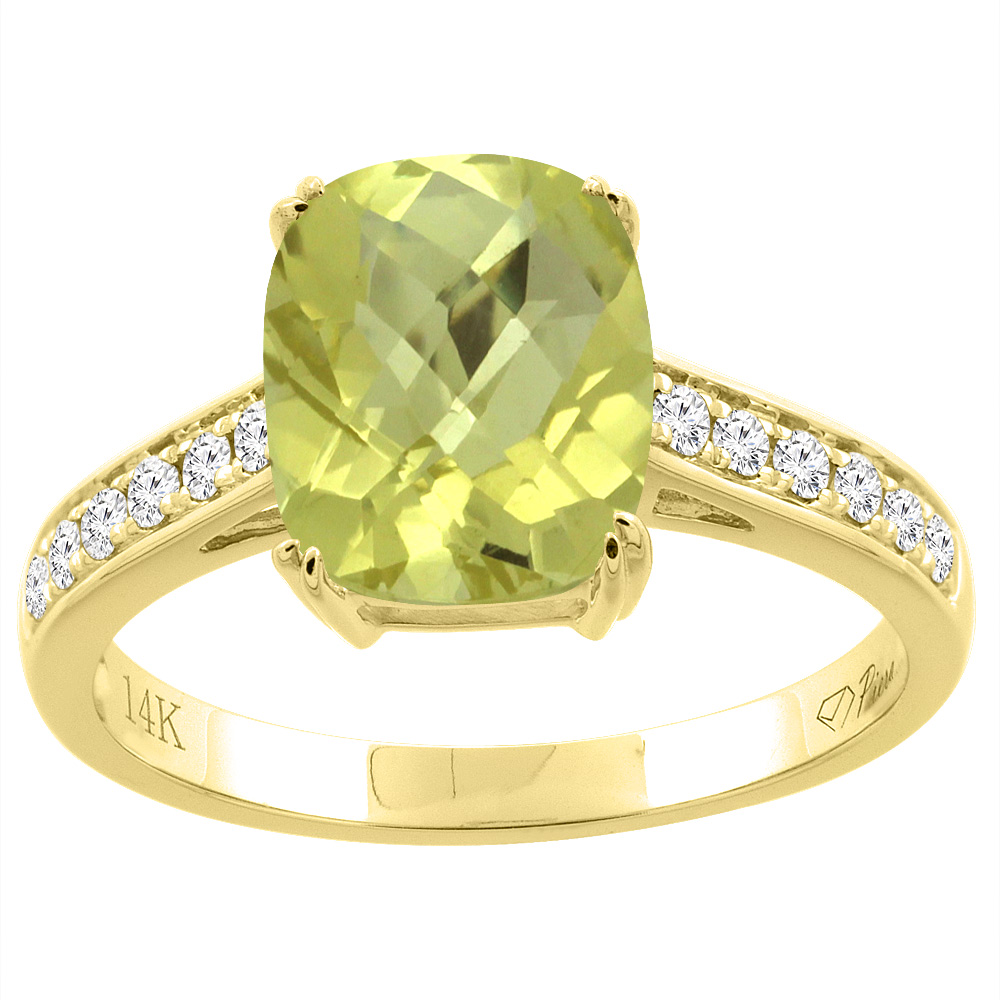 14K Gold Natural Lemon Quartz Ring Cushion Cut 9x7 mm Diamond Accents, sizes 5 - 10