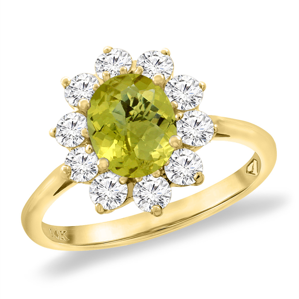 14K Yellow Gold Diamond Natural Lemon Quartz Engagement Ring Oval 8x6 mm, sizes 5 -10