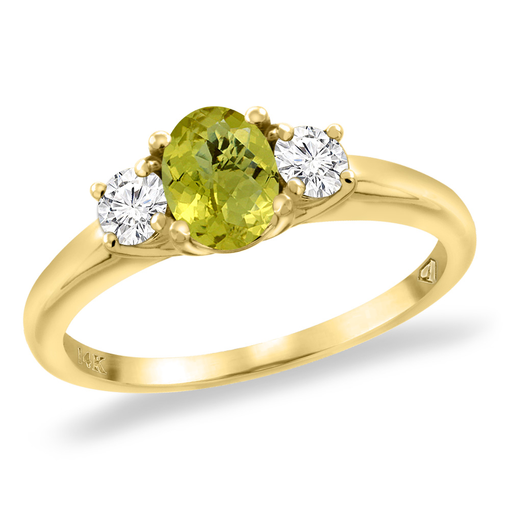 14K Yellow Gold Natural Lemon Quartz Engagement Ring Diamond Accents Oval 7x5 mm, sizes 5 -10