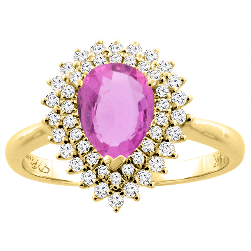 14K Gold Natural Pink Sapphire Ring Pear Shape 8x6 mm Diamond Accents, sizes 5 - 10
