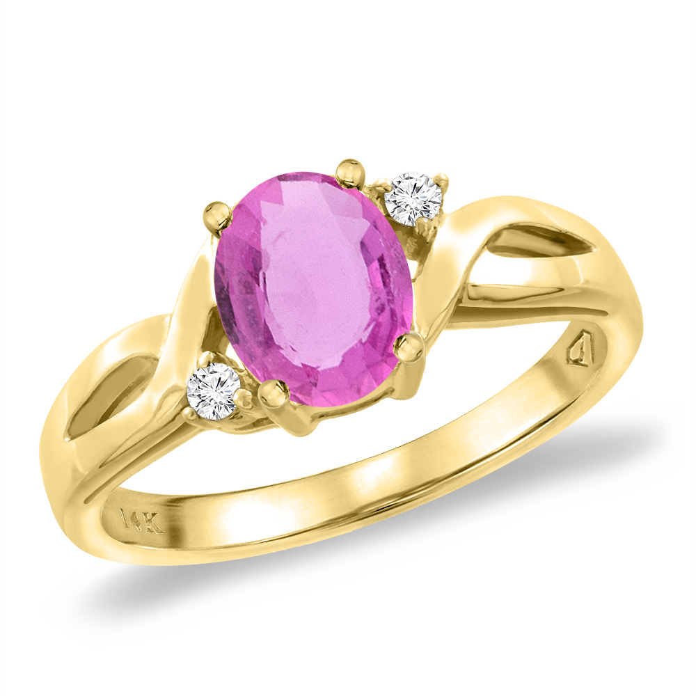 14K Yellow Gold Diamond Natural Pink Sapphire Engagement Ring Oval 8x6 mm, sizes 5 -10