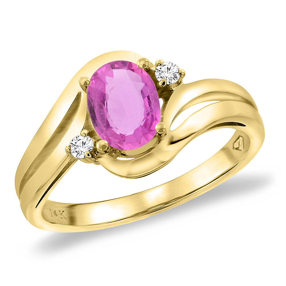 14K Yellow Gold Diamond Natural Pink Sapphire Bypass Engagement Ring Oval 8x6 mm, sizes 5 -10