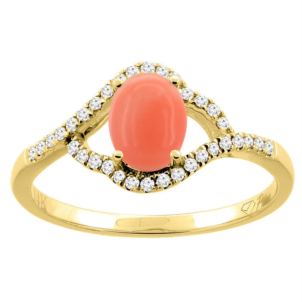 14K Gold Diamond Natural Coral Engagement Ring Oval 7x5 mm, sizes 5 - 10