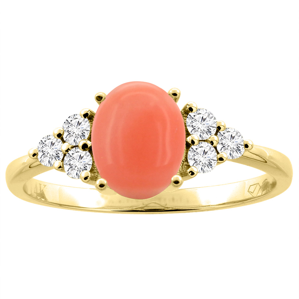 14K Gold Natural Coral Ring Oval 8x6 mm Diamond Accents, sizes 5 - 10