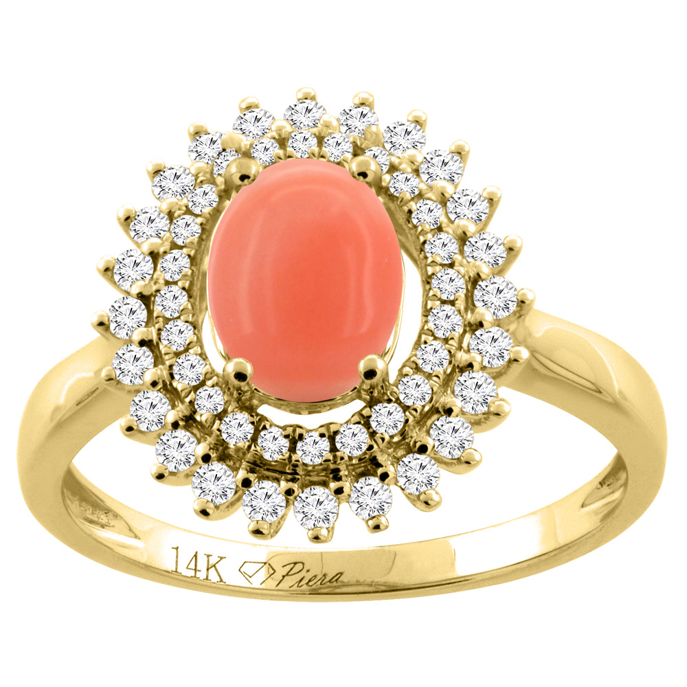 14K Gold Natural Coral Ring Oval 8x6 mm Double Halo Diamond Accents, sizes 5 - 10