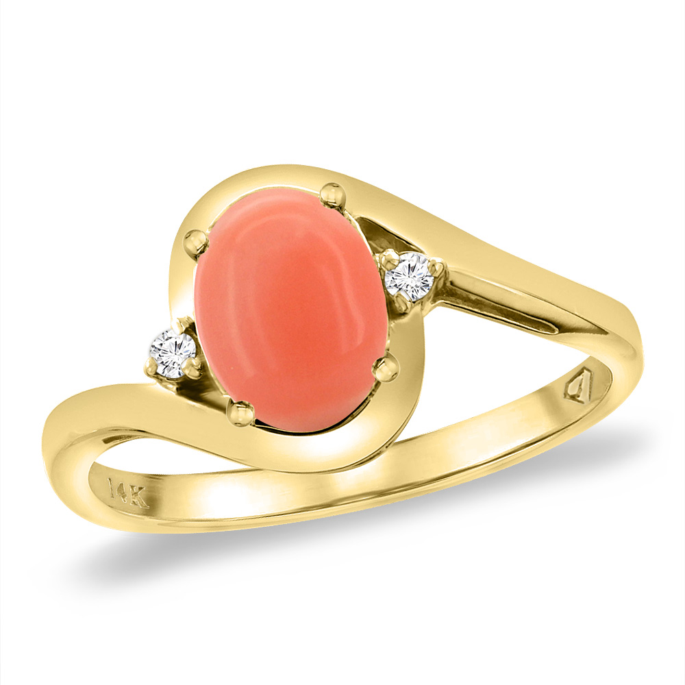 14K Yellow Gold Diamond Natural Coral Bypass Engagement Ring Oval 8x6 mm, sizes 5 -10