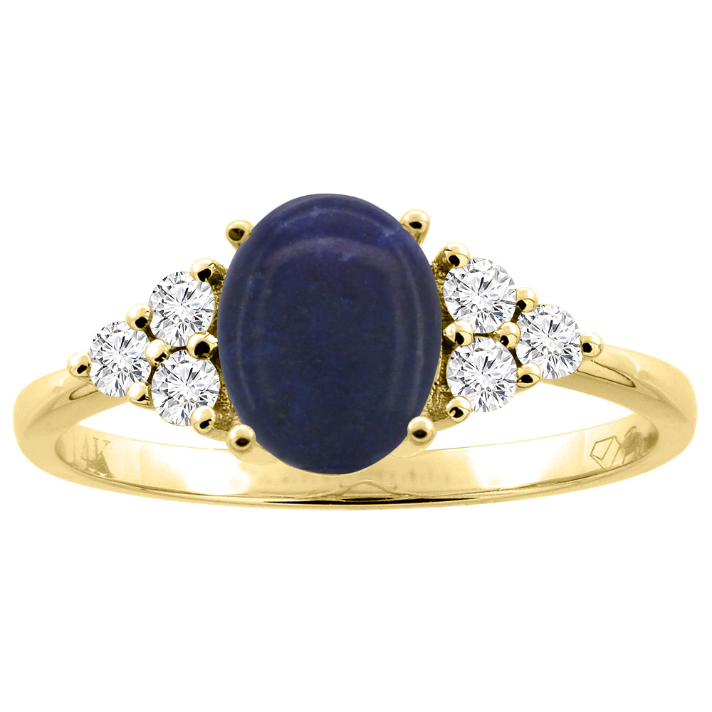 14K Gold Natural Lapis Ring Oval 8x6 mm Diamond Accents, sizes 5 - 10