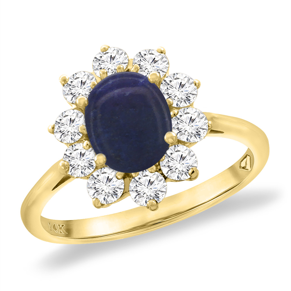 14K Yellow Gold Diamond Natural Lapis Engagement Ring Oval 8x6 mm, sizes 5 -10