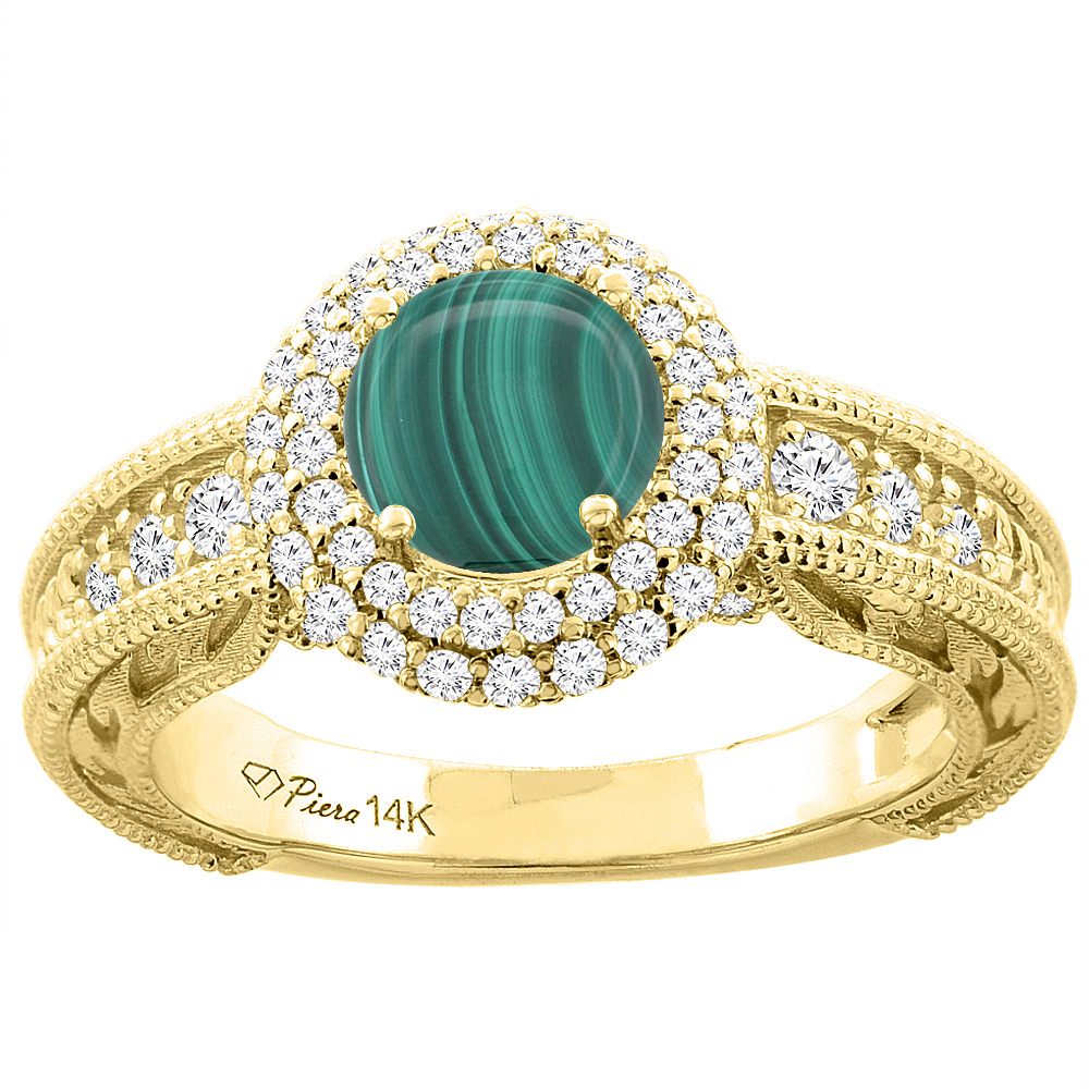 14K Yellow Gold Natural Malachite & Diamond Halo Ring Round 6 mm, sizes 5-10