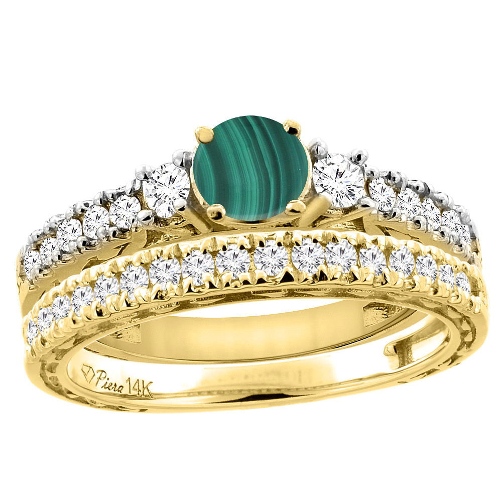 14K Yellow Gold Diamond Natural Malachite Engagement 2-pc Ring Set Engraved Round 6 mm, sizes 5 - 10