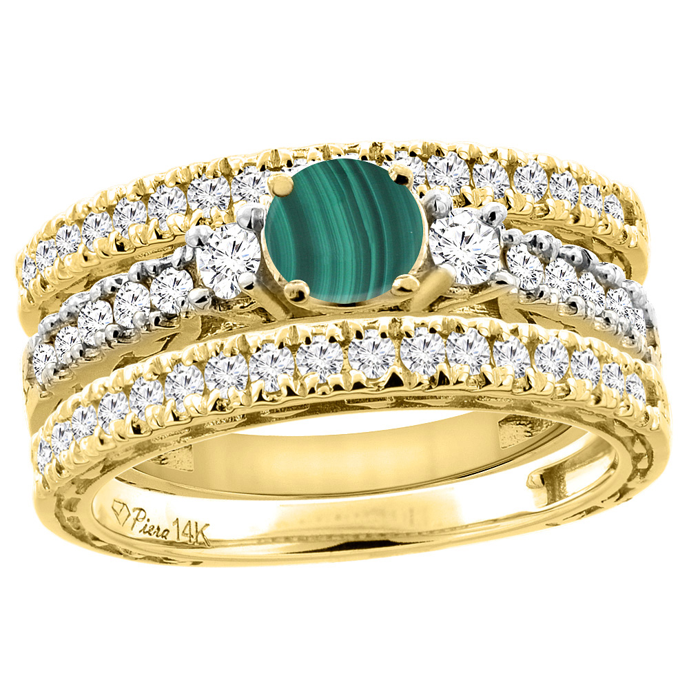 14K Yellow Gold Diamond Natural Malachite Engagement 3-pc Ring Set Engraved Round 6 mm, sizes 5 - 10