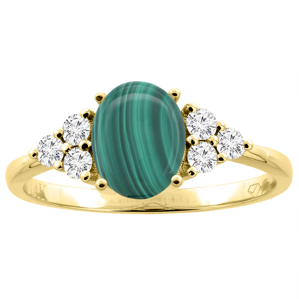 14K Gold Natural Malachite Ring Oval 8x6 mm Diamond Accents, sizes 5 - 10