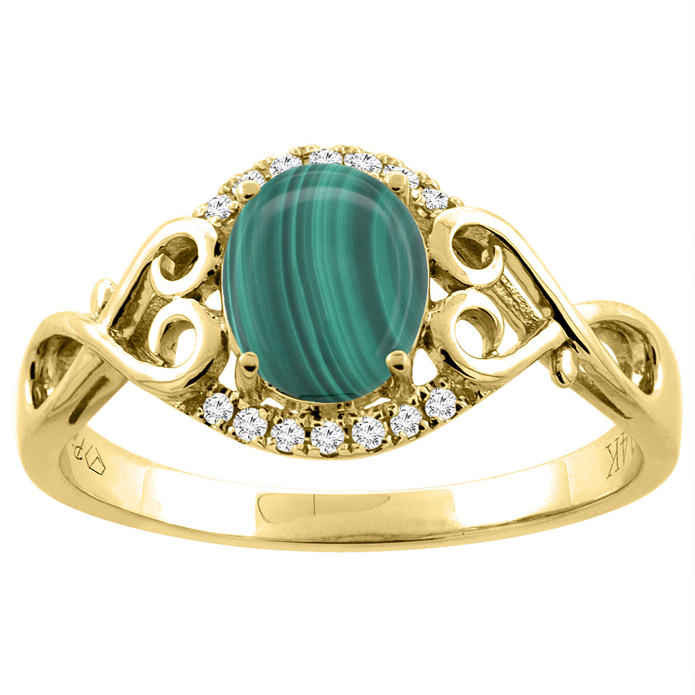 14K Gold Natural Malachite Ring Oval 8x6 mm Diamond & Heart Accents, sizes 5 - 10