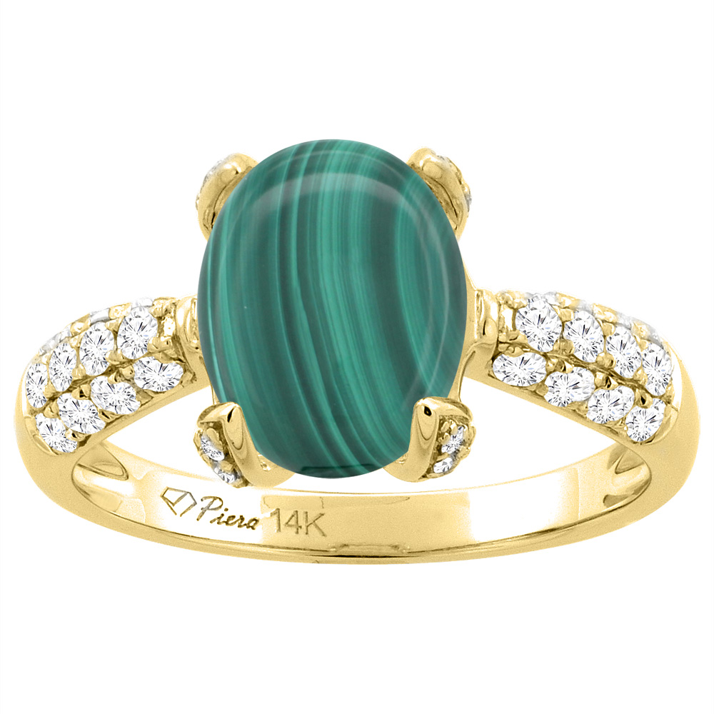 14K Yellow Gold Natural Malachite Engagement Ring Oval 12x10 mm & Diamond Accents, sizes 5 - 10