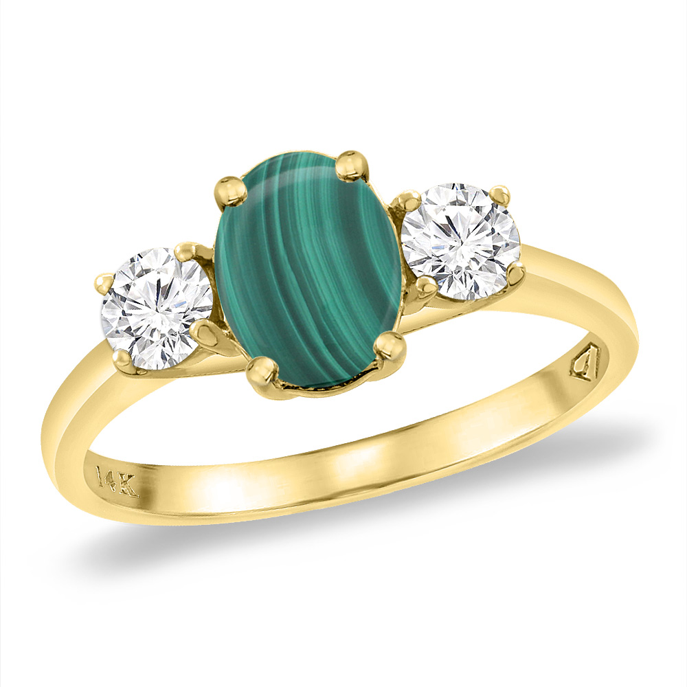 14K Yellow Gold Natural Malachite & 2pc. Diamond Engagement Ring Oval 8x6 mm, sizes 5 -10
