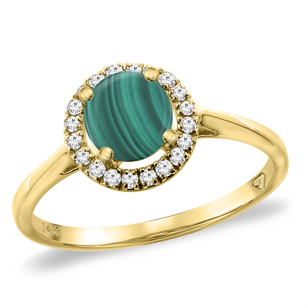 14K Yellow Gold Diamond Halo Natural Malachite Engagement Ring Round 6 mm, sizes 5 -10