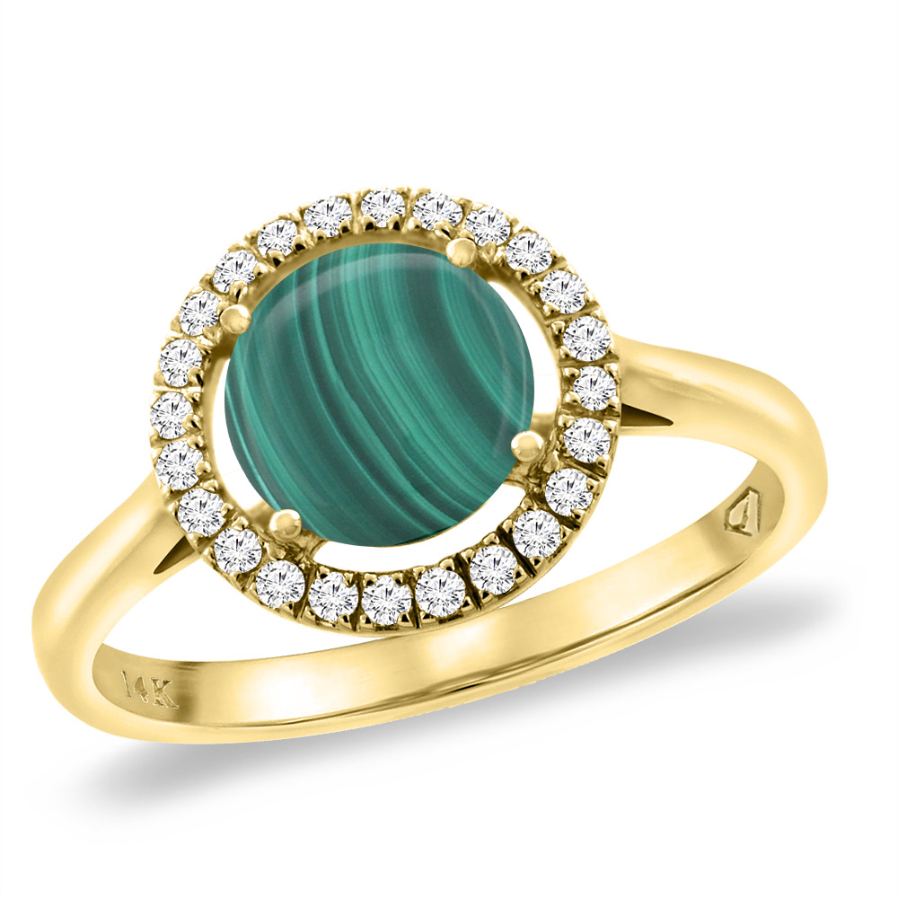 14K Yellow Gold Natural Malachite Halo Engagement Ring Round 8 mm, sizes 5 -10