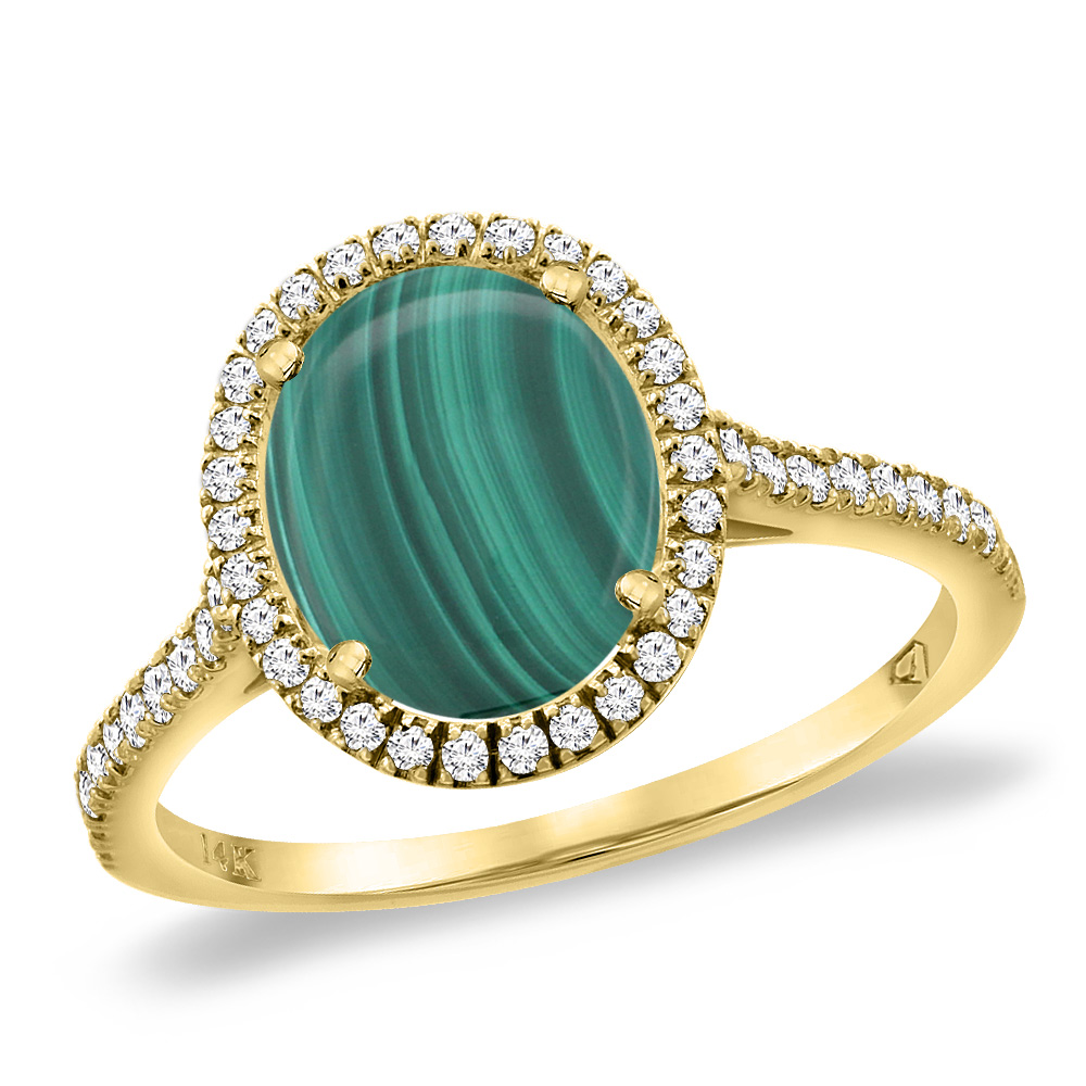 14K Yellow Gold Natural Malachite Diamond Halo Engagement Ring 10x8 mm Oval, sizes 5 -10