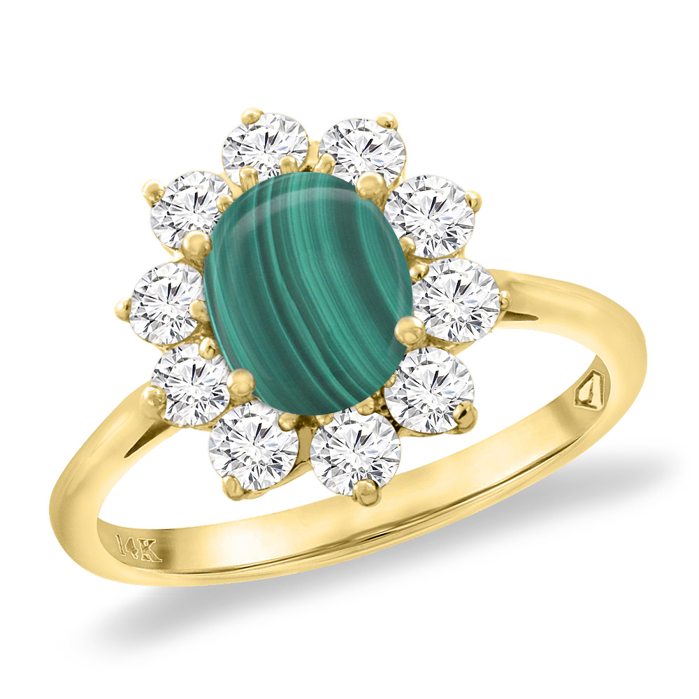 14K Yellow Gold Diamond Natural Malachite Engagement Ring Oval 8x6 mm, sizes 5 -10