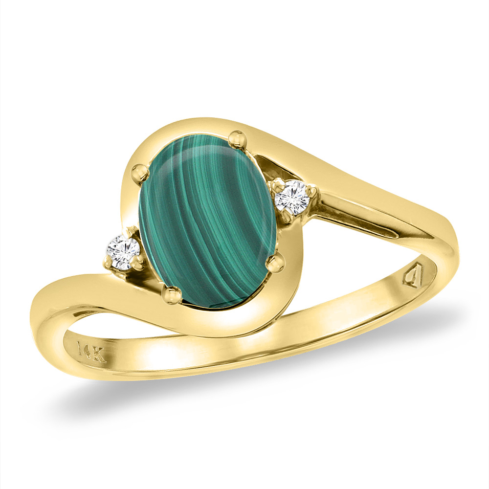 14K Yellow Gold Diamond Natural Malachite Bypass Engagement Ring Oval 8x6 mm, sizes 5 -10
