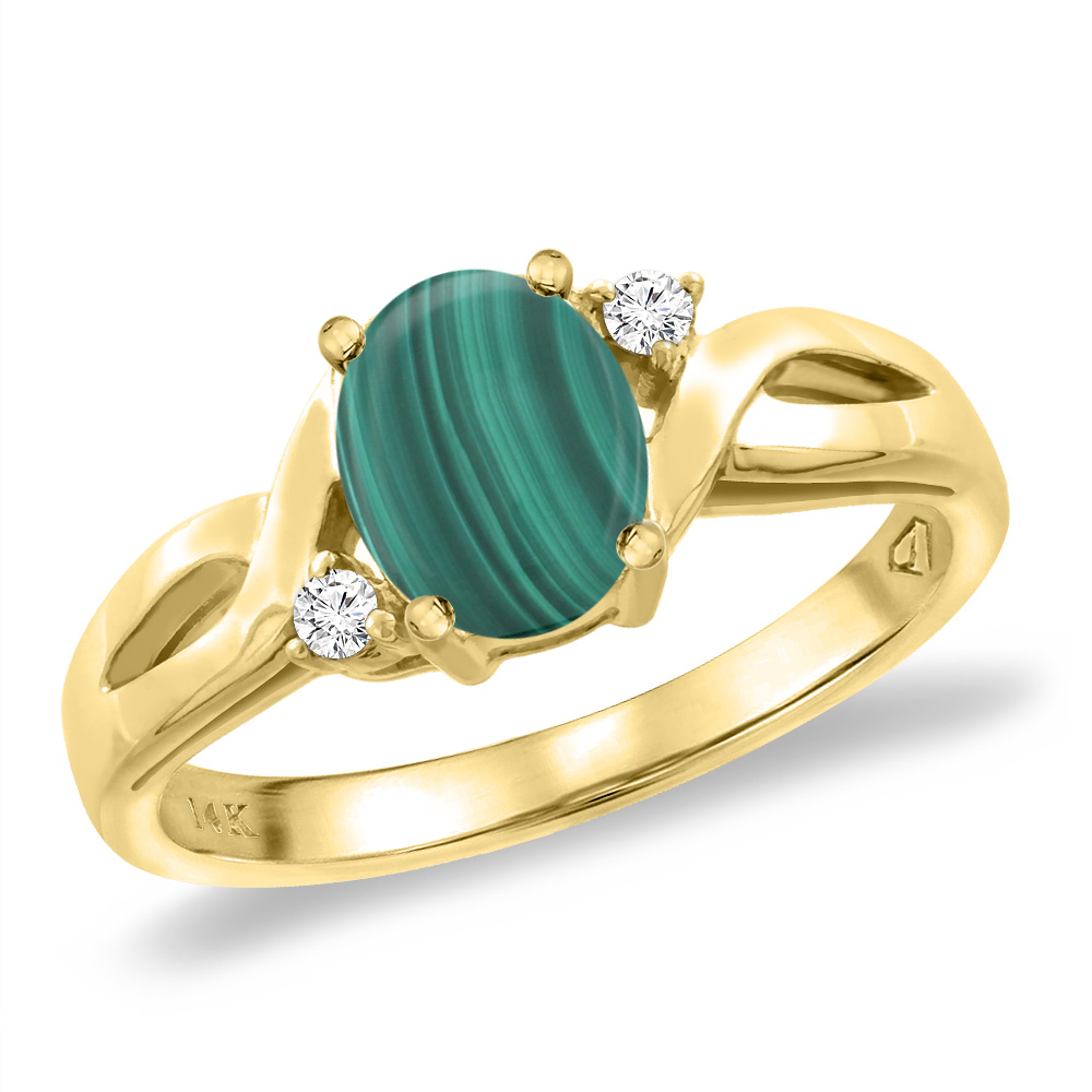 14K Yellow Gold Diamond Natural Malachite Engagement Ring Oval 8x6 mm, sizes 5 -10