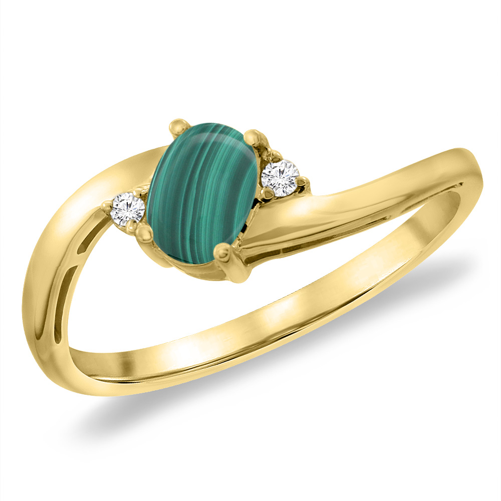 14K Yellow Gold Diamond Natural Malachite Bypass Engagement Ring Oval 6x4 mm, sizes 5 -10