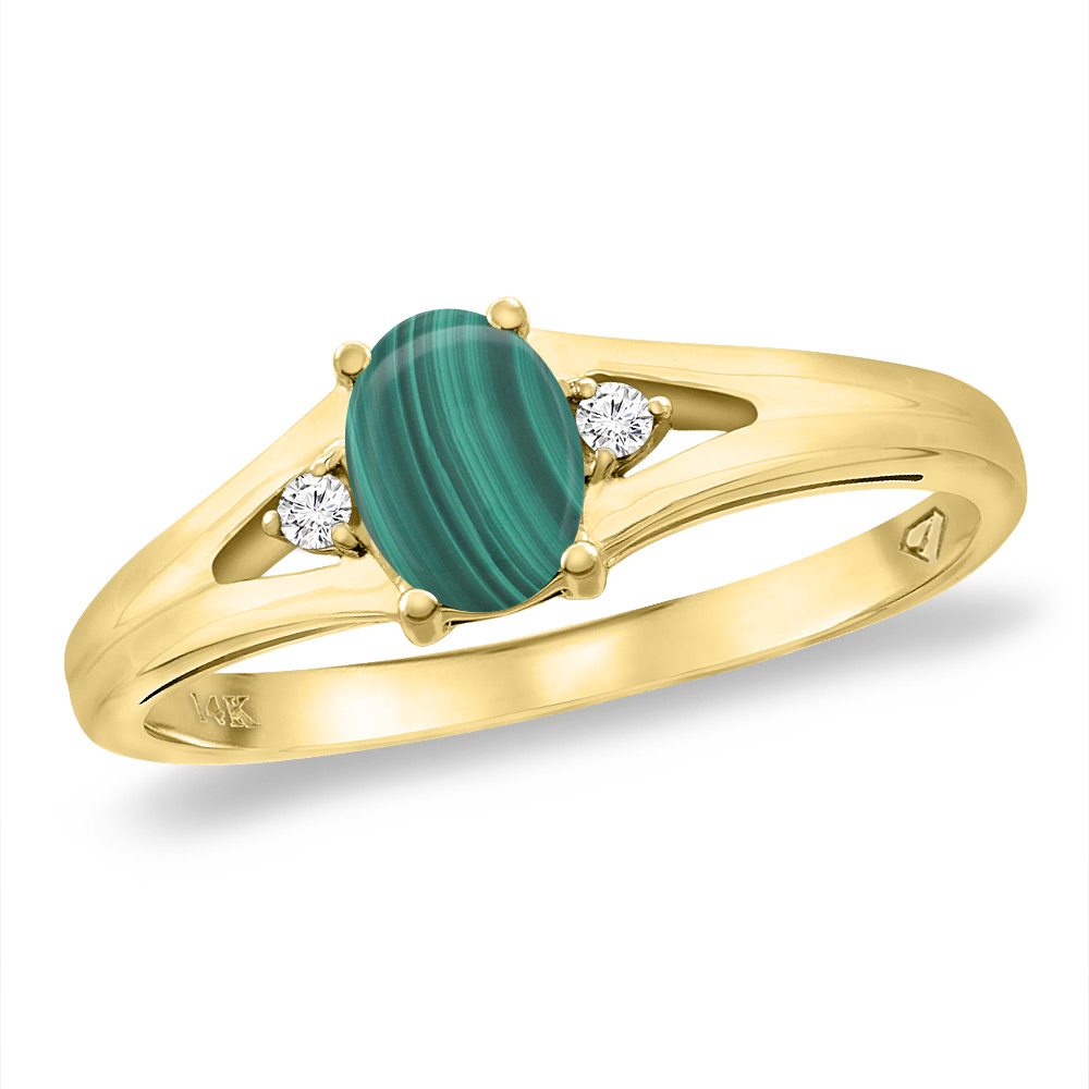 14K Yellow Gold Diamond Natural Malachite Engagement Ring Oval 6x4 mm, sizes 5 -10