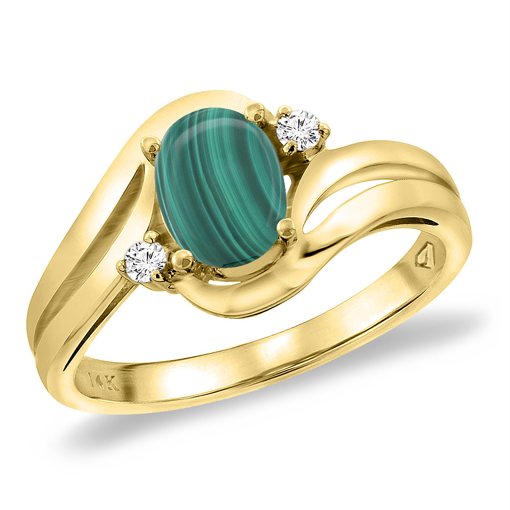 14K Yellow Gold Diamond Natural Malachite Bypass Engagement Ring Oval 8x6 mm, sizes 5 -10