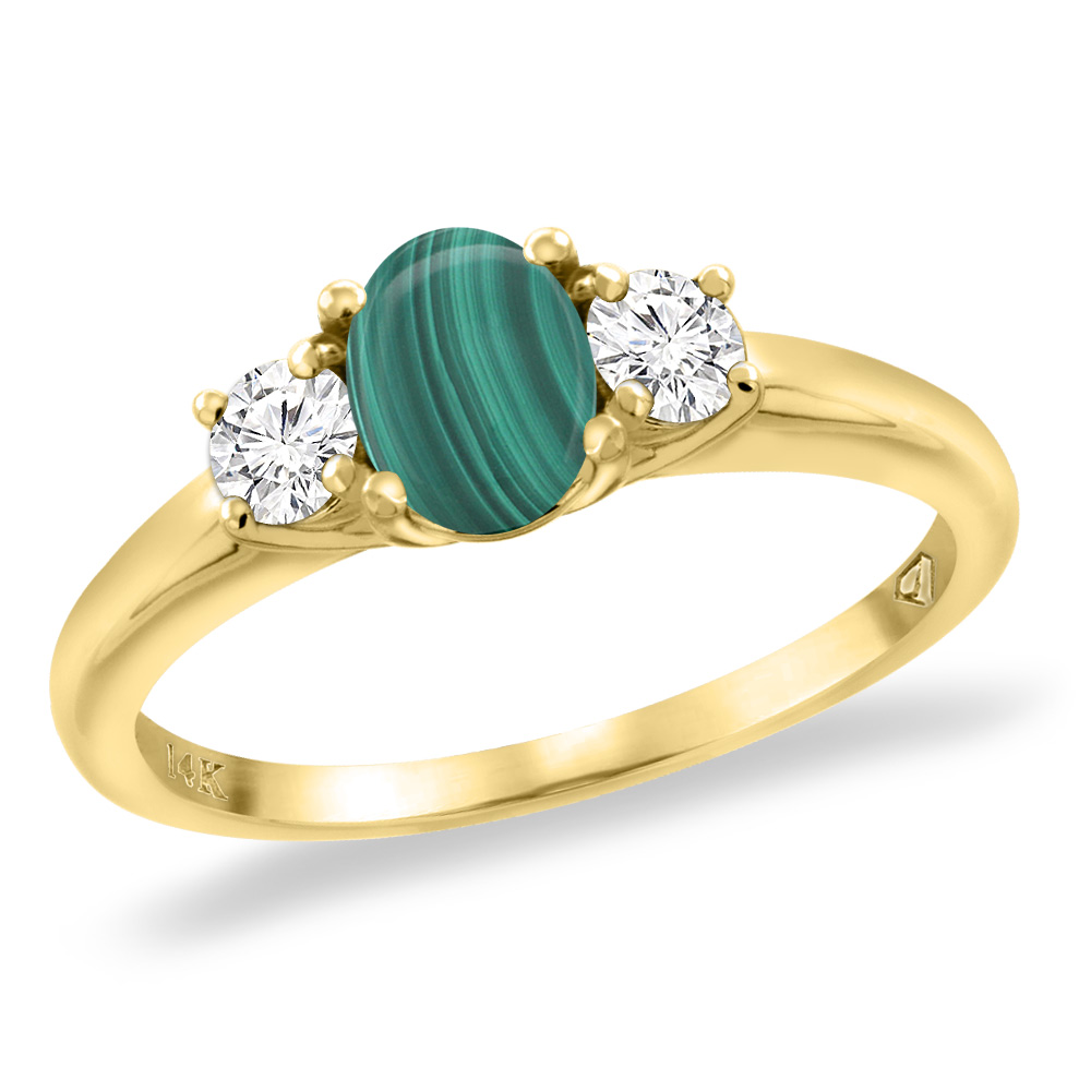 14K Yellow Gold Natural Malachite Engagement Ring Diamond Accents Oval 7x5 mm, sizes 5 -10
