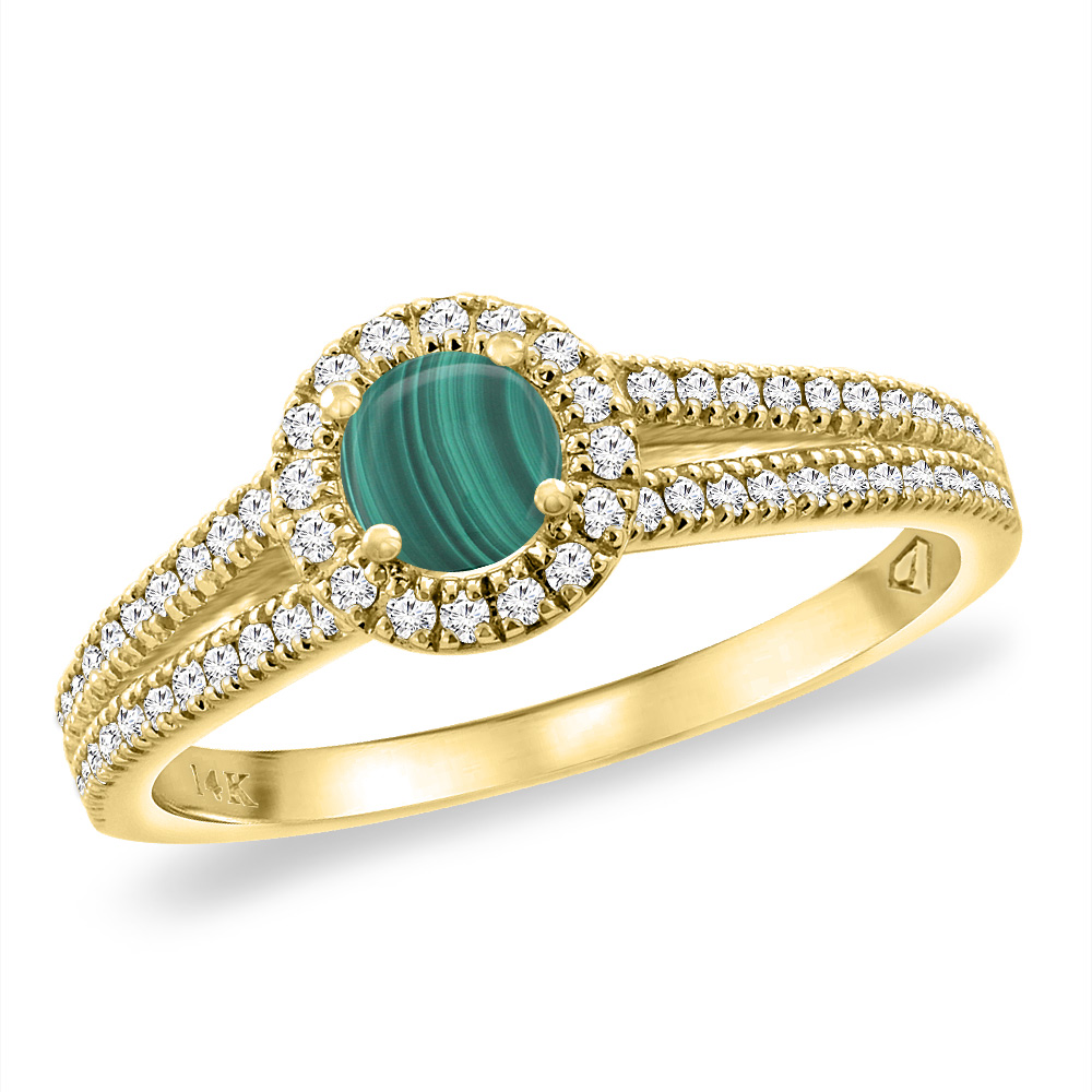 14K Yellow Gold Natural Malachite Split Shank Diamond Halo Engagement Ring 4mm Round, sizes 5 -10