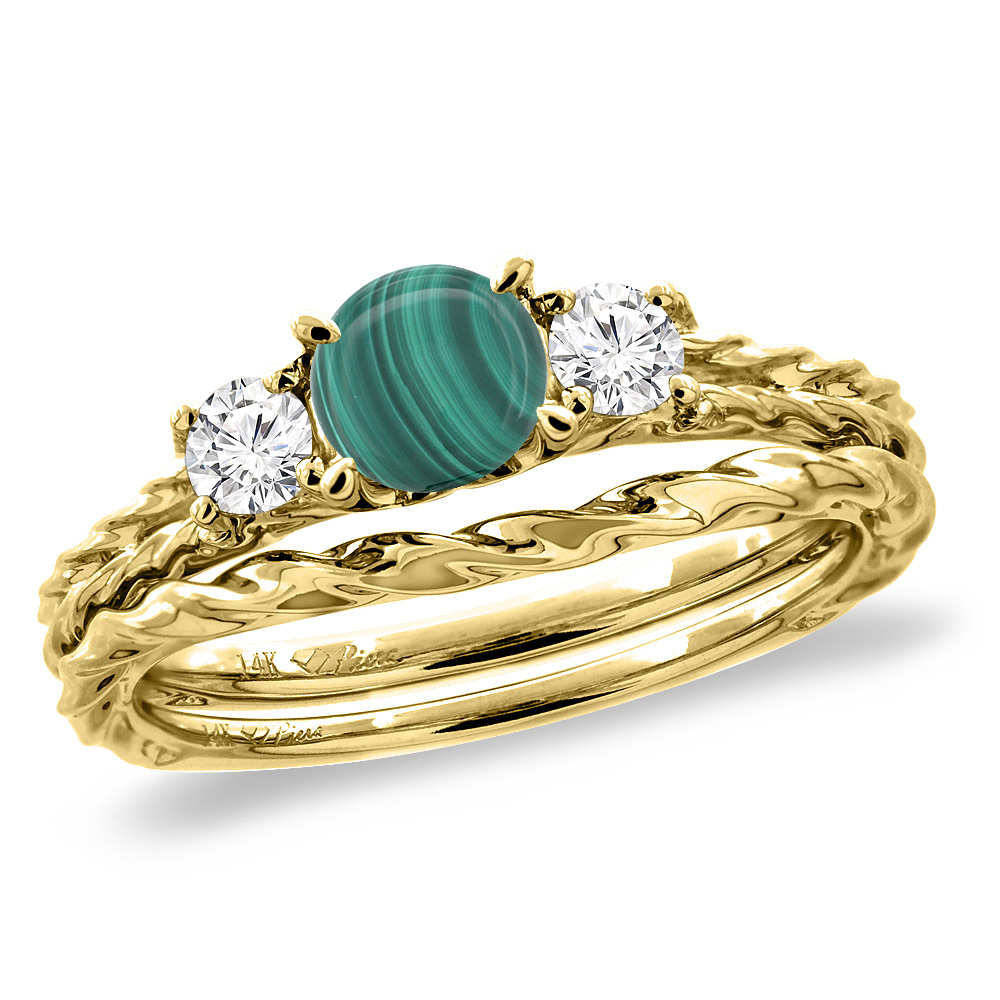 14K Yellow Gold Diamond Natural Malachite 2pc Engagement Ring Set Round 6mm Twisted, sizes 5-10