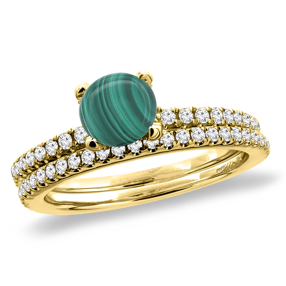 14K Yellow Gold Diamond Natural Malachite 2pc Engagement Ring Set Round 5 mm, sizes 5-10