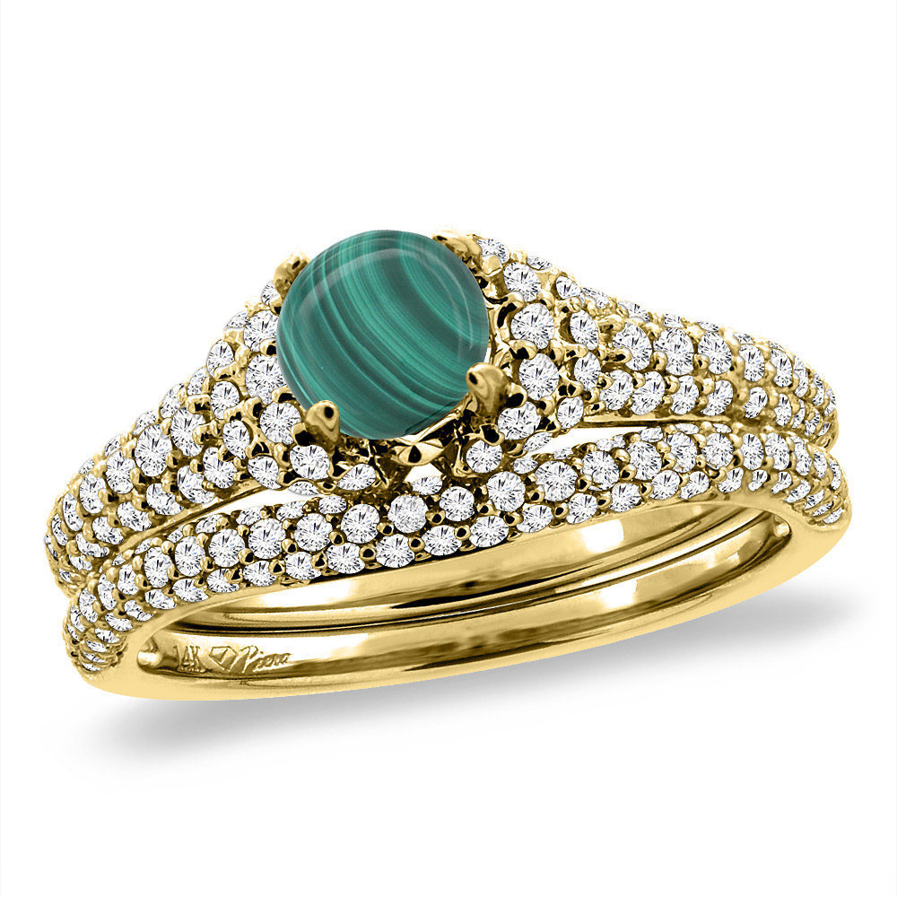 14K Yellow Gold Diamond Natural Malachite 2pc Engagement Ring Set Round 5 mm, sizes 5-10