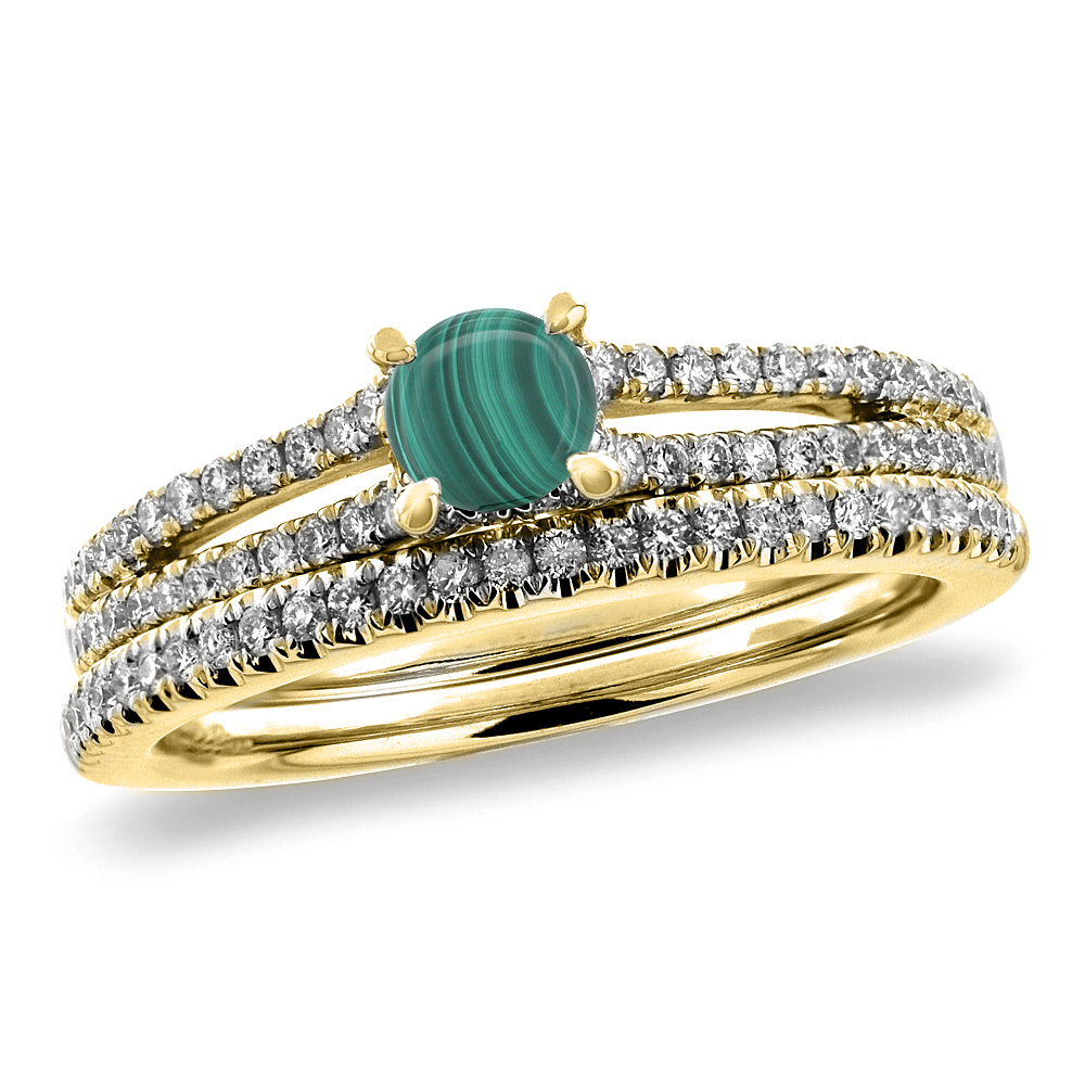 14K Yellow Gold Diamond Natural Malachite 2pc Engagement Ring Set Round 5 mm, sizes 5-10