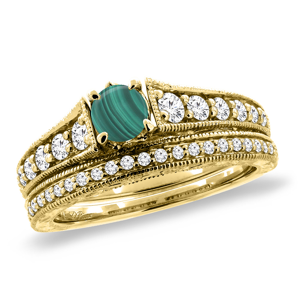 14K Yellow Gold Diamond Natural Malachite 2pc Engagement Ring Set Round 5 mm, sizes 5-10