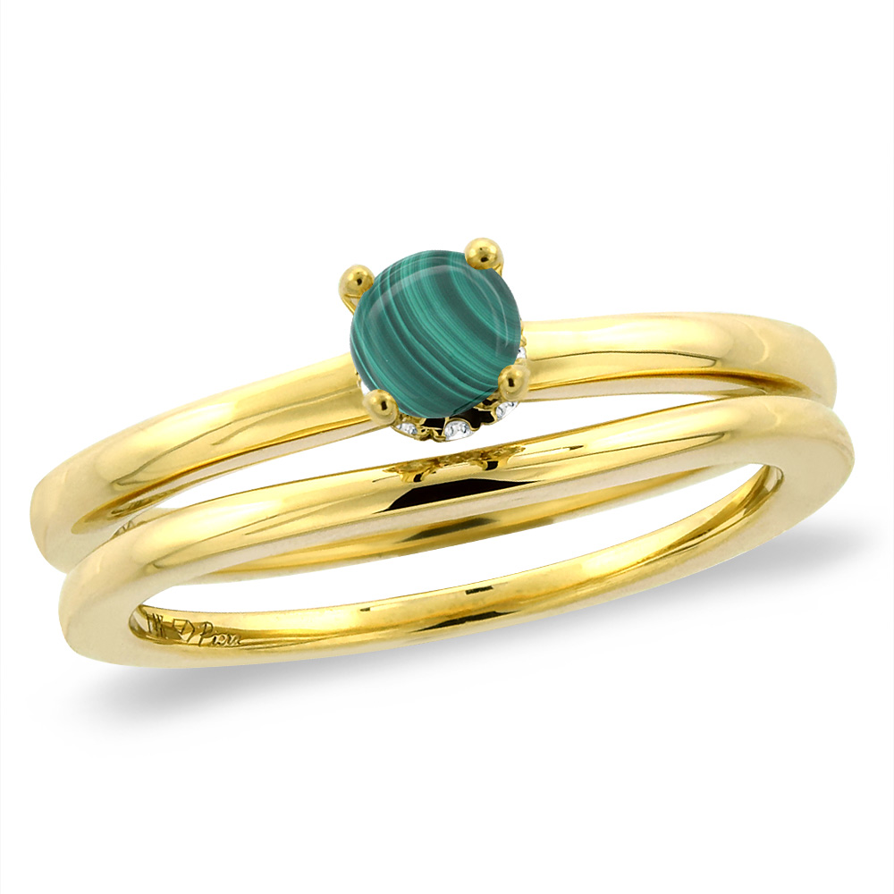 14K Yellow Gold Diamond Natural Malachite 2pc Solitaire Engagement Ring Set Round 5 mm, sizes 5 -10