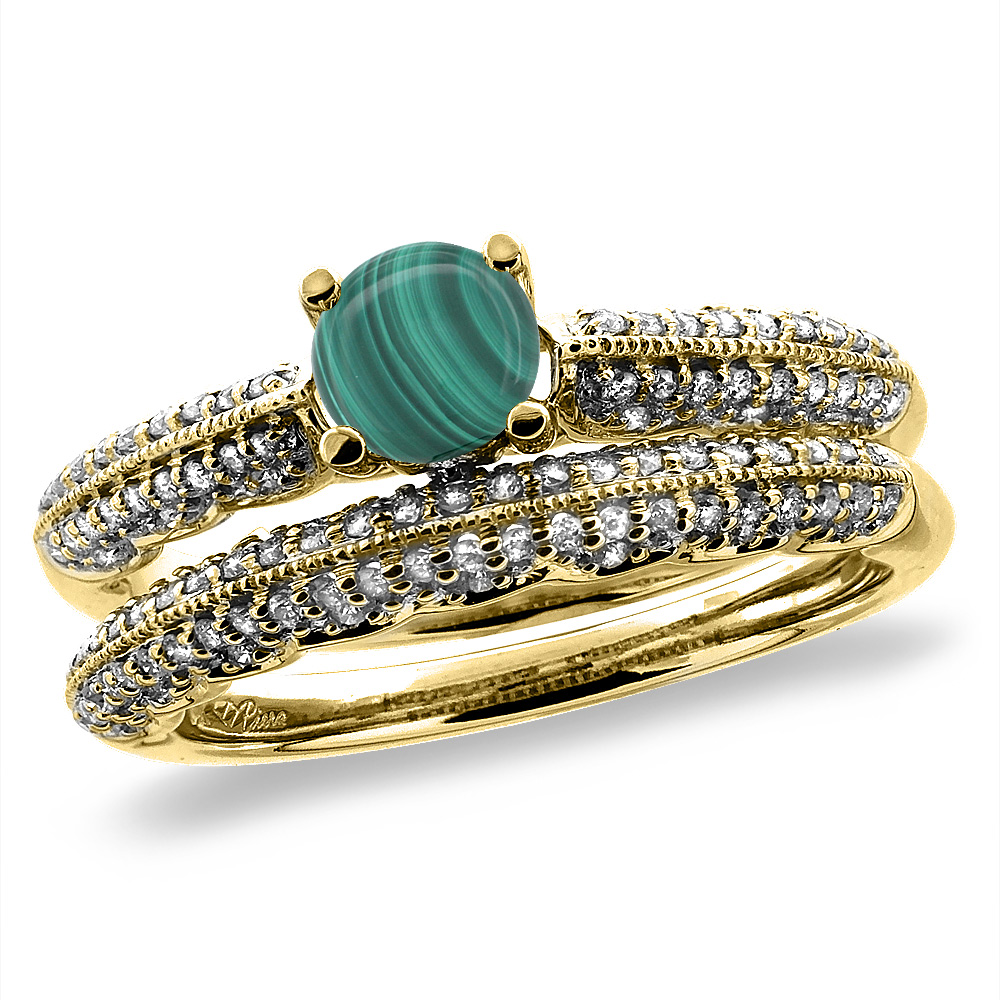 14K Yellow Gold Diamond Natural Malachite 2pc Engagement Ring Set Round 5 mm, sizes 5-10