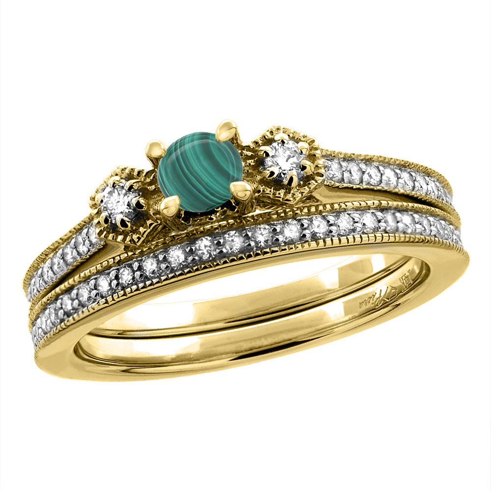 14K Yellow Gold Diamond Natural Malachite 2pc Engagement Ring Set Round 4 mm, sizes 5 - 10