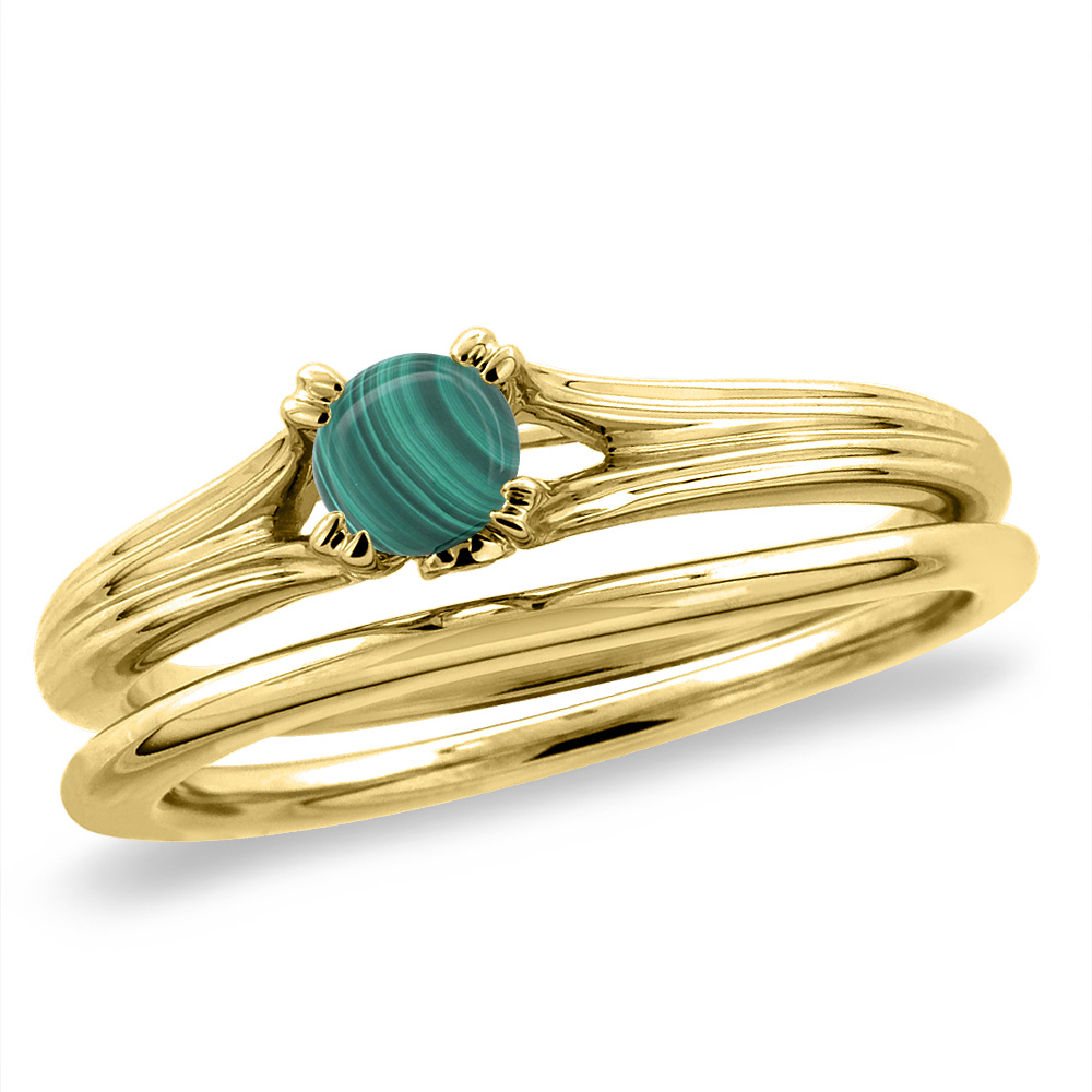 14K Yellow Gold Diamond Natural Malachite 2pc Solitaire Engagement Ring Set Round 4 mm, size5-10