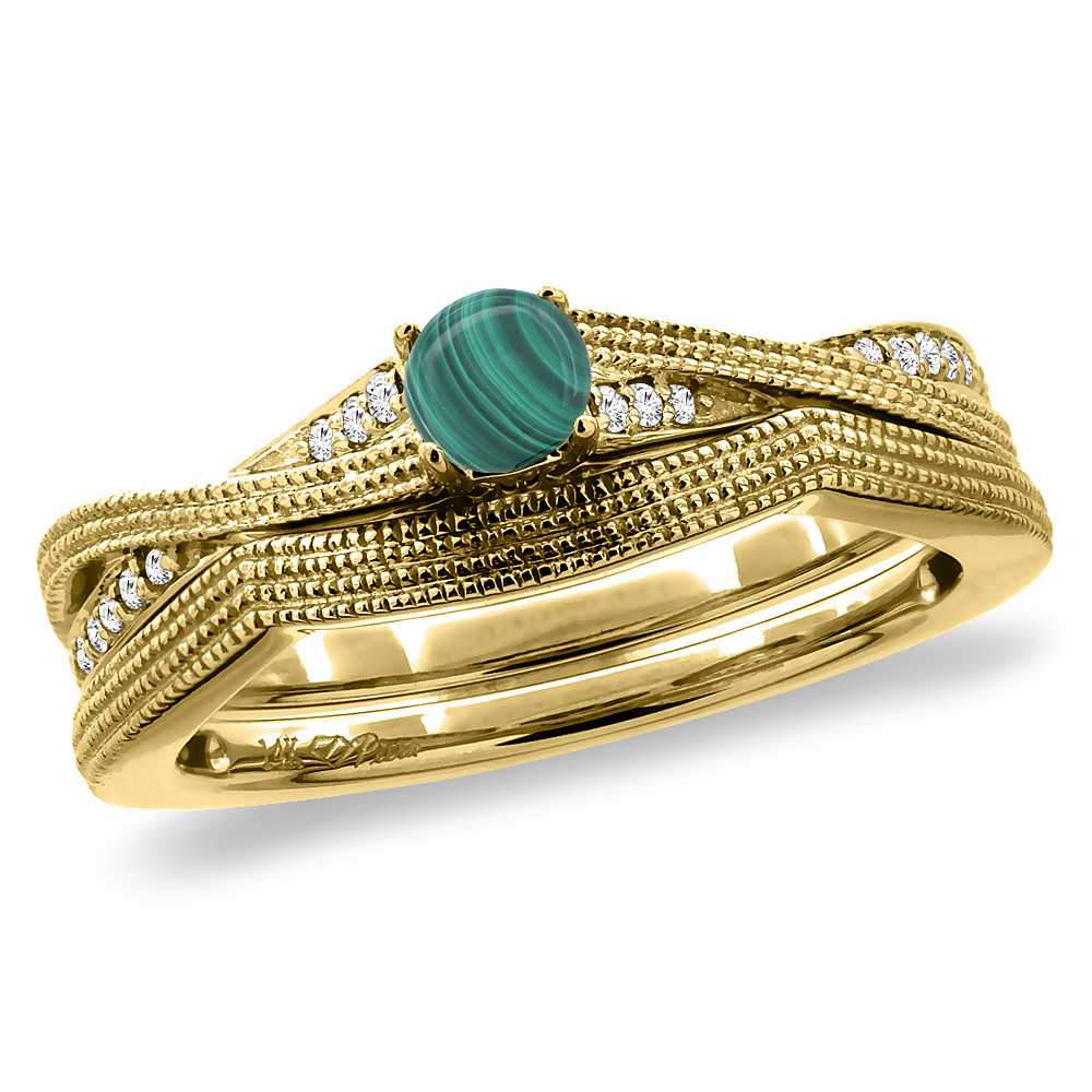 14K Yellow Gold Diamond Natural Malachite 2pc Engagement Ring Set Round 4 mm, sizes 5 - 10