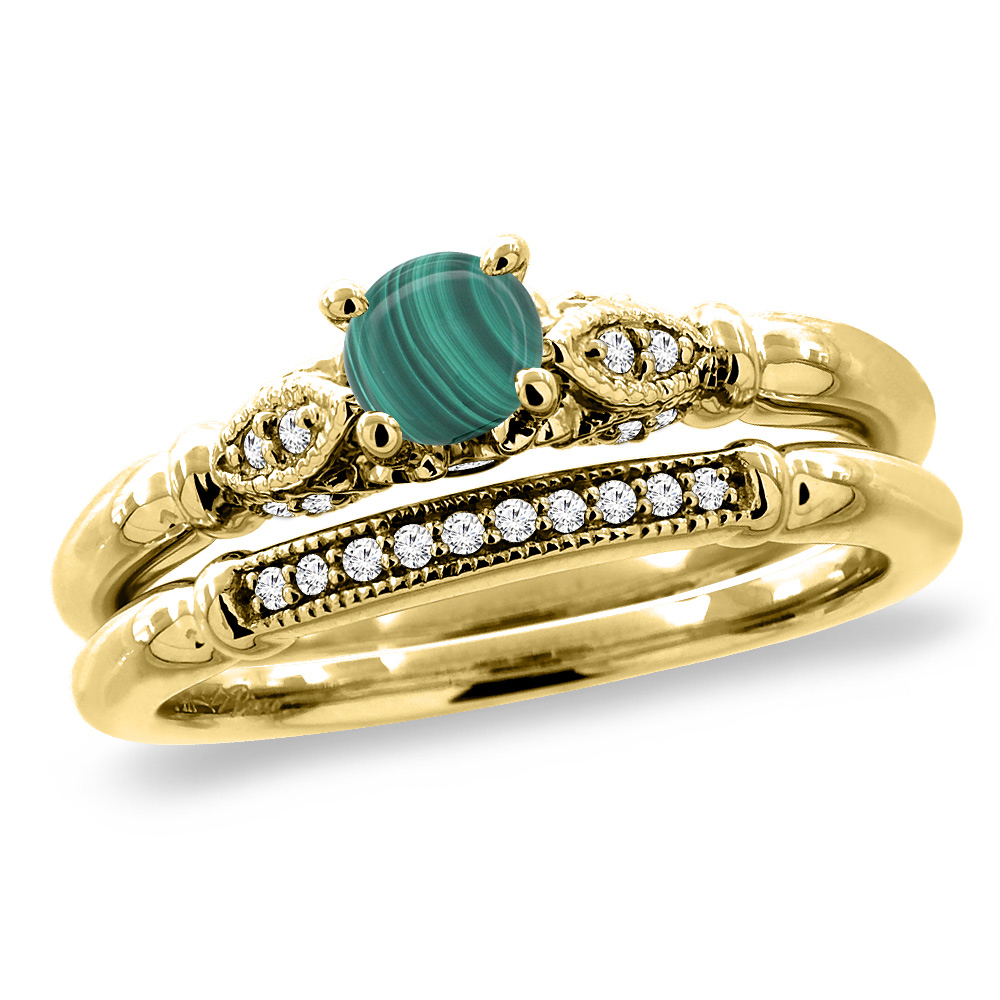 14K Yellow Gold Diamond Natural Malachite 2pc Engagement Ring Set Round 4 mm, sizes 5 - 10