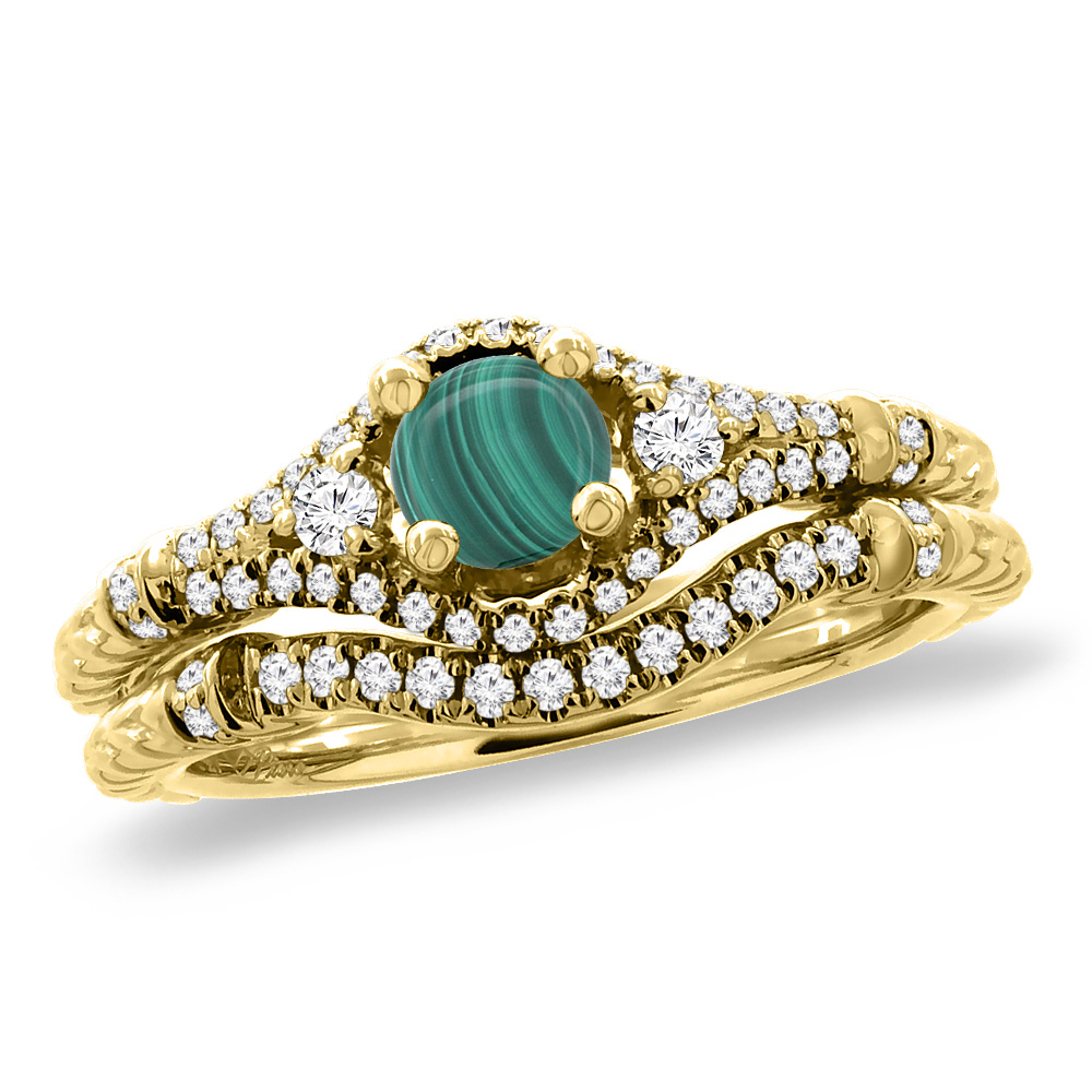 14K Yellow Gold Diamond Natural Malachite 2pc Engagement Ring Set Round 4 mm, sizes 5 - 10
