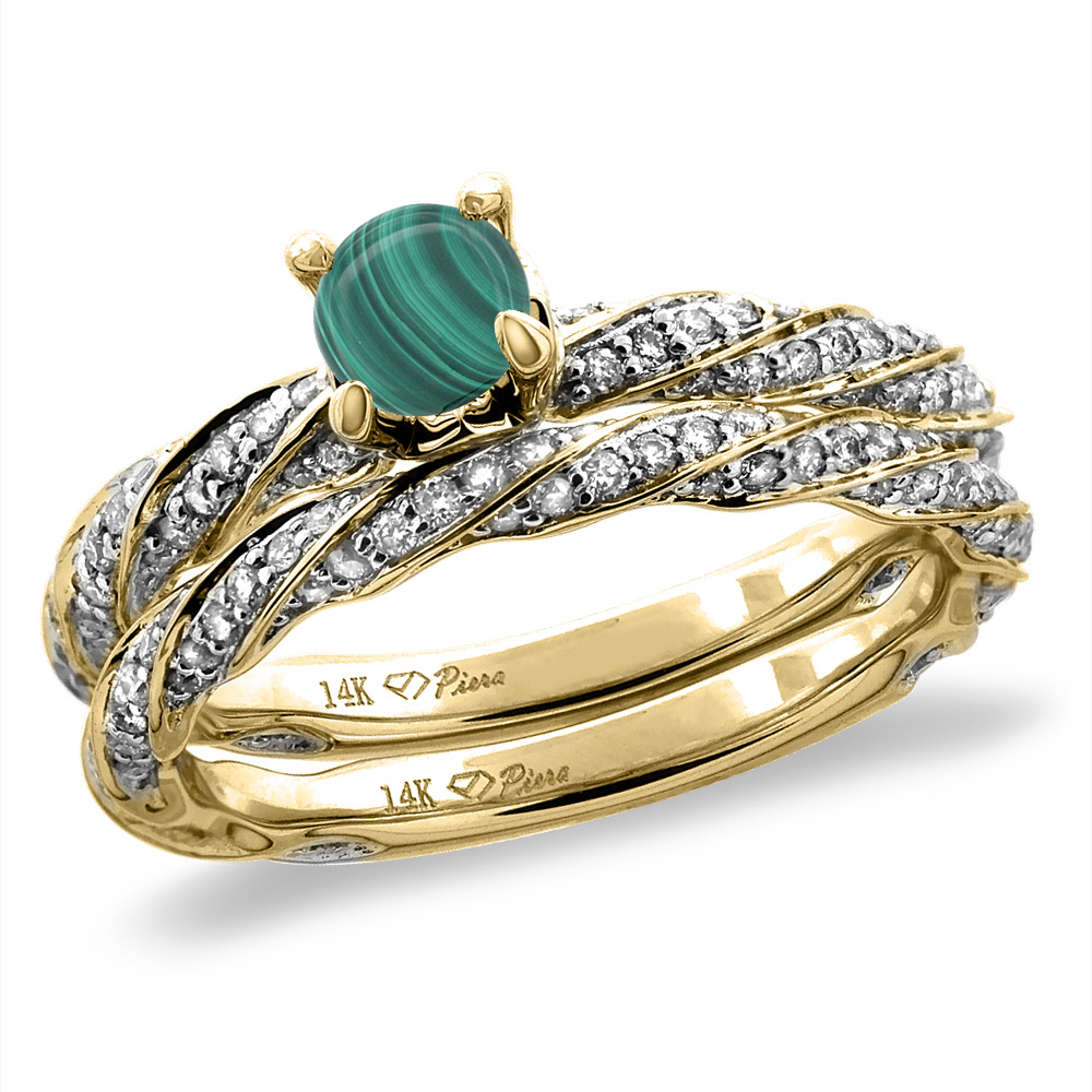 14K Yellow Gold Diamond Natural Malachite 2pc Twisted Engagement Ring Set Round 4 mm, size5-10
