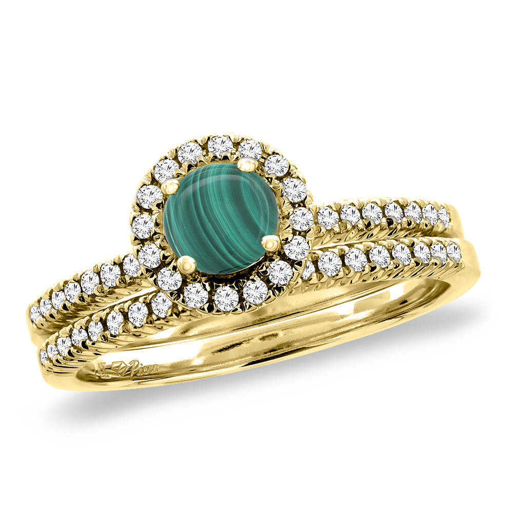 14K Yellow Gold Diamond Natural Malachite 2pc Halo Engagement Ring Set Round 4 mm, size5-10