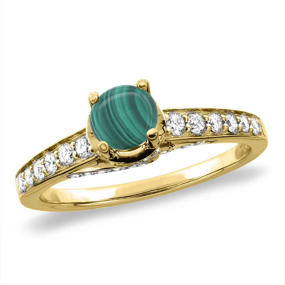 14K White/Yellow Gold Diamond Natural Malachite Engagement Ring Round 4 mm, sizes 5 -10