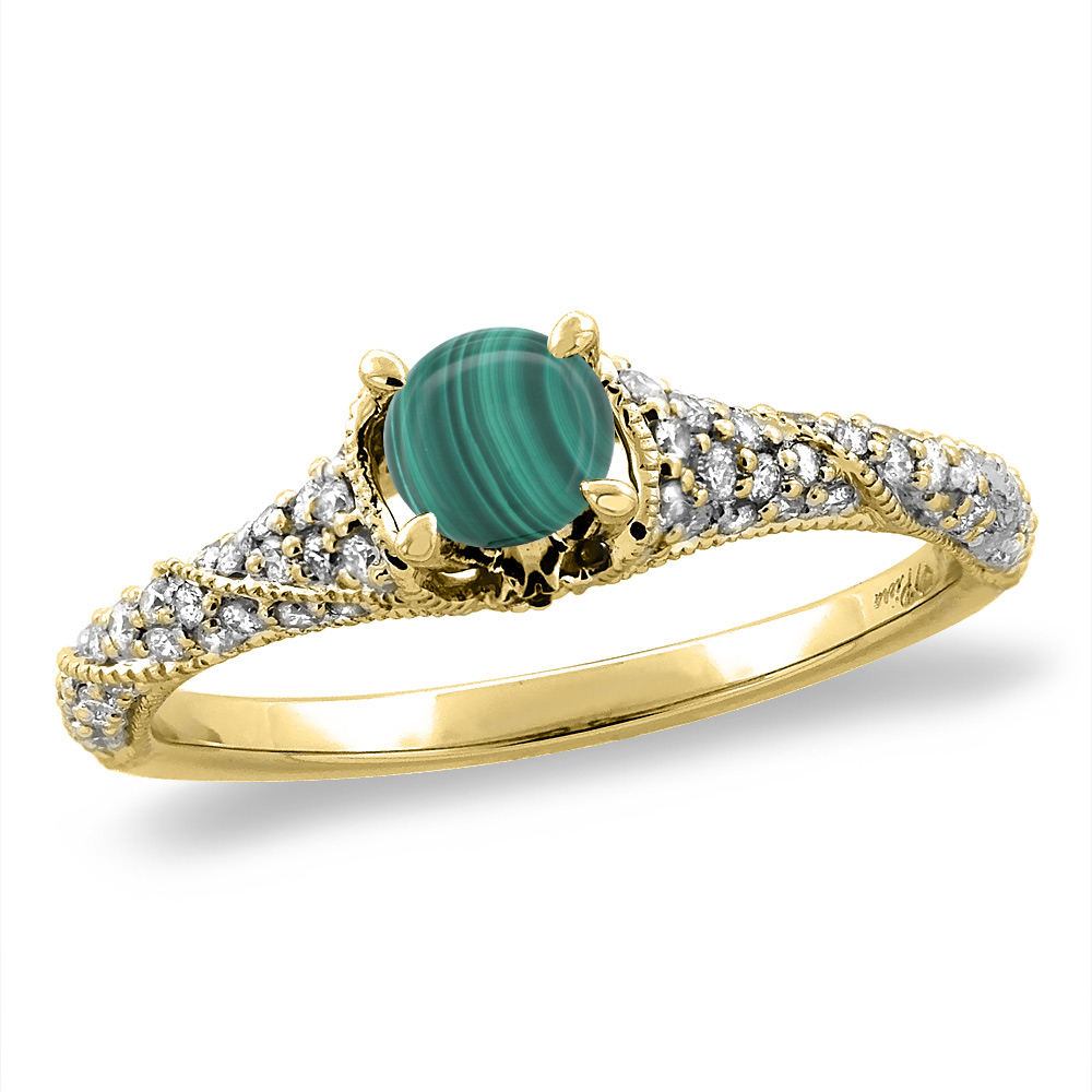 14K Yellow Gold Diamond Natural Malachite Engagement Ring Round 4 mm, sizes 5 -10