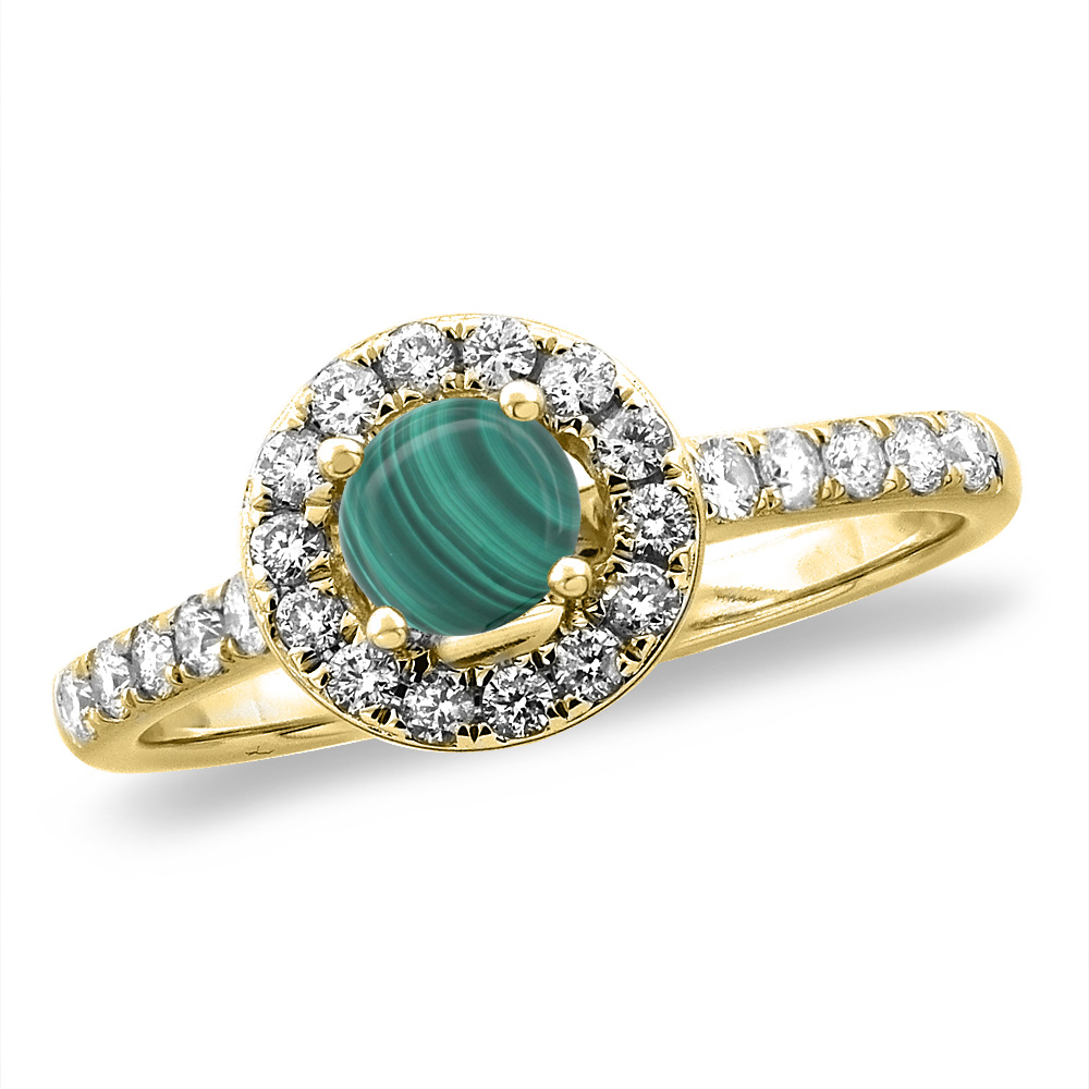14K White/Yellow Gold Diamond Natural Malachite Halo Engagement Ring Round 4 mm, sizes 5 -10