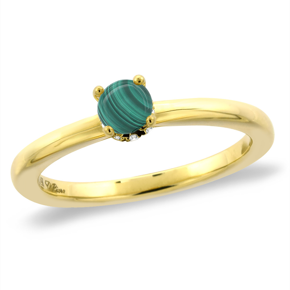 14K Yellow Gold Diamond Natural Malachite Solitaire Engagement Ring Round 4 mm, sizes 5 -10